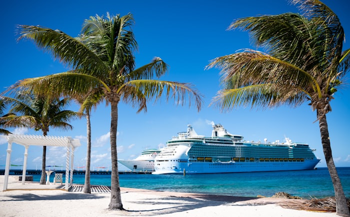 Navire de croisière devant une plage des Caraïbes bordée de cocotiers