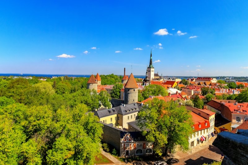 La vieille ville de Tallinn vue d'en haut, avec ses tours de remparts, la flèche de l'église Saint-Olaf et la mer Baltique au loin